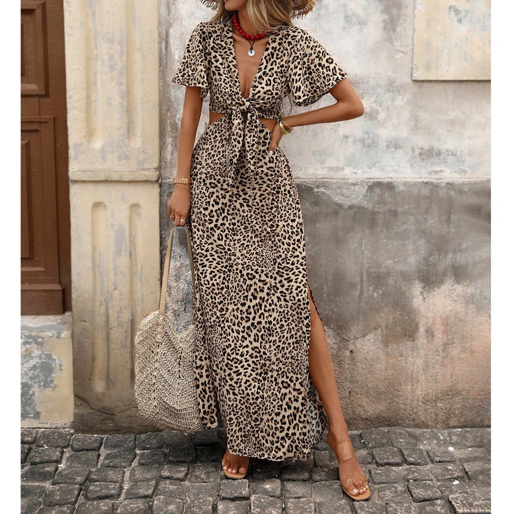 Boho Leopard Print V neck Butterfly Sleeve Split Hem Maxi Dress - Picture 3 of 5